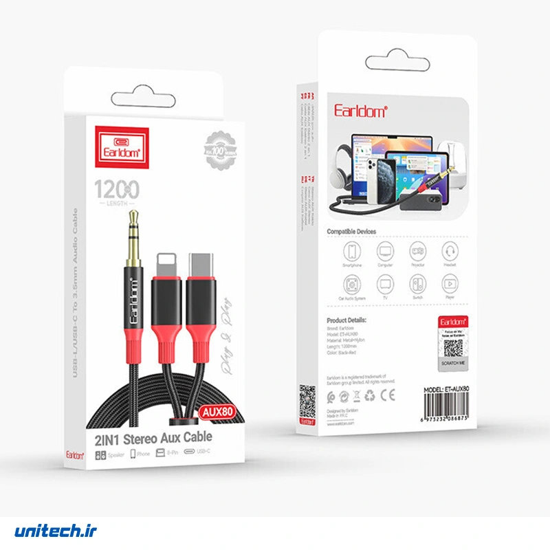 کابل تبدیل AUX به TypeCLightning ارلدام مدل ETAUX80 طول 1.2 متر9